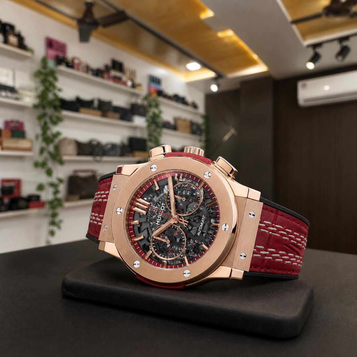 Horizontal view of Hublot Big Bang ICC Cricket red strap watch on a display pad in the Primepicks office