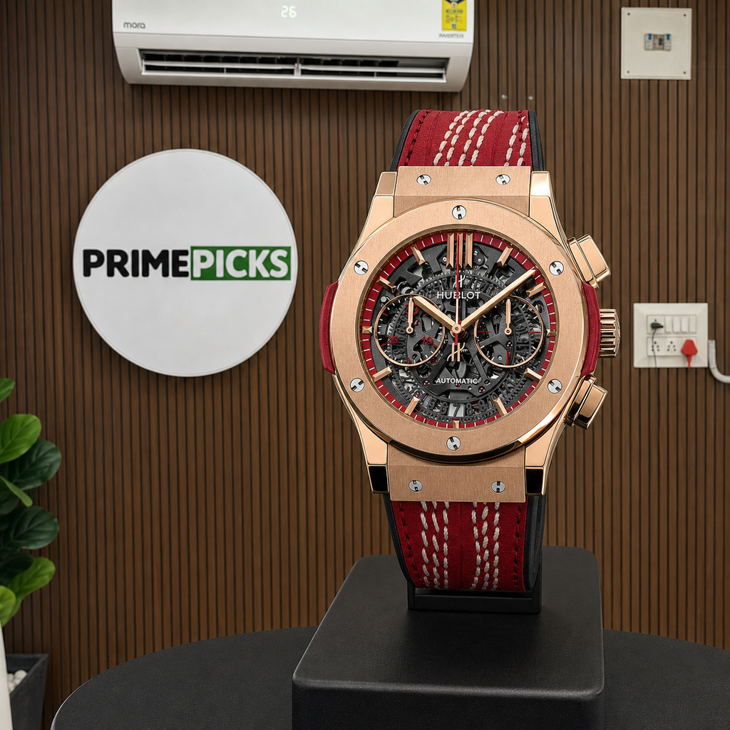 Hublot Big Bang ICC Cricket red strap watch beside the complete PRIMEPICKS logo board
