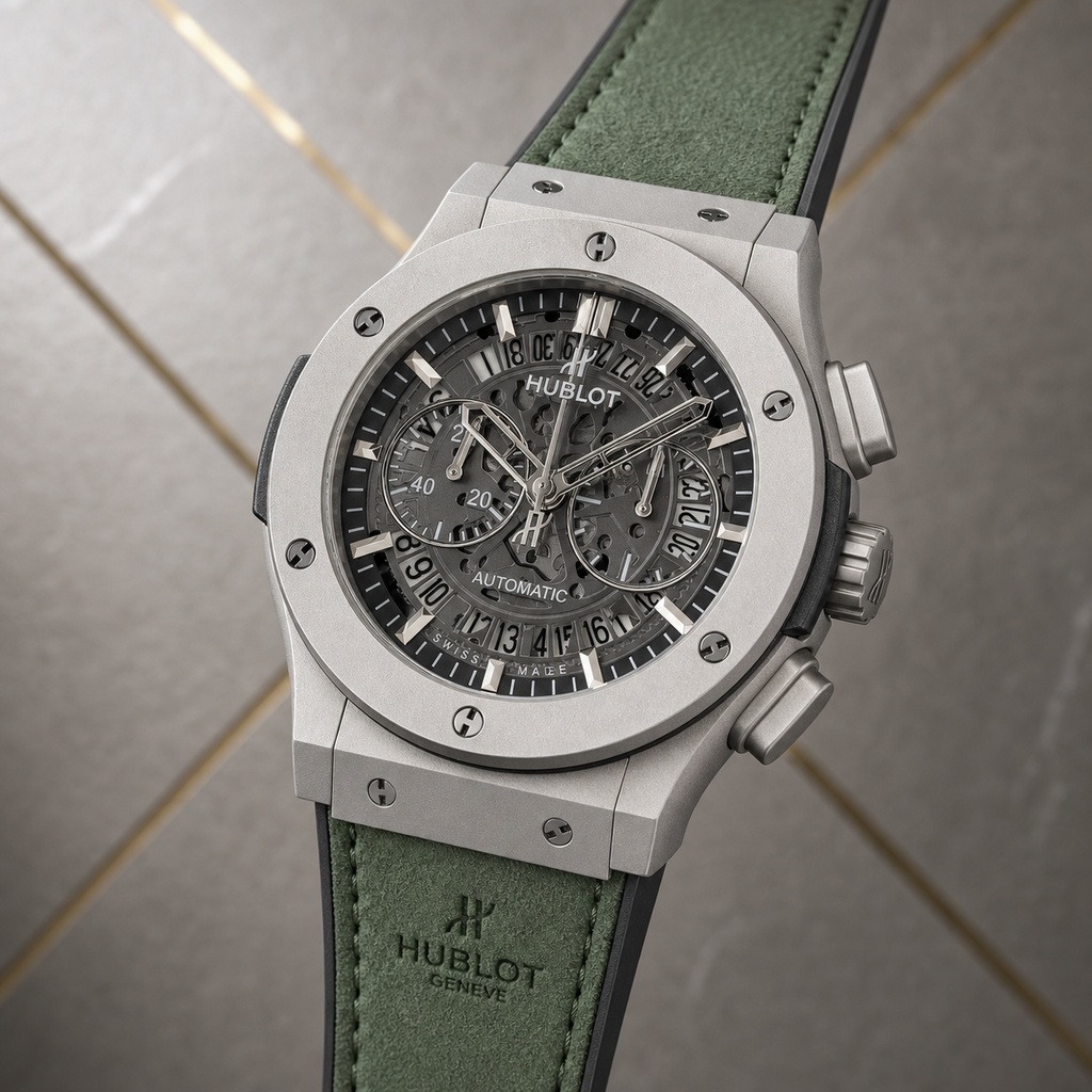 Hublot Big Bang grey skeleton dial and silver-tone bezel detail