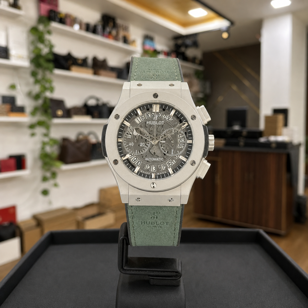 Hublot Big Bang grey skeleton dial automatic watch front view in PRIMEPICKS showroom