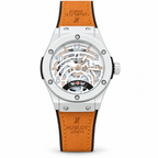 Hublot Big Bang Skeleton Edition ivory and tan watch on white background