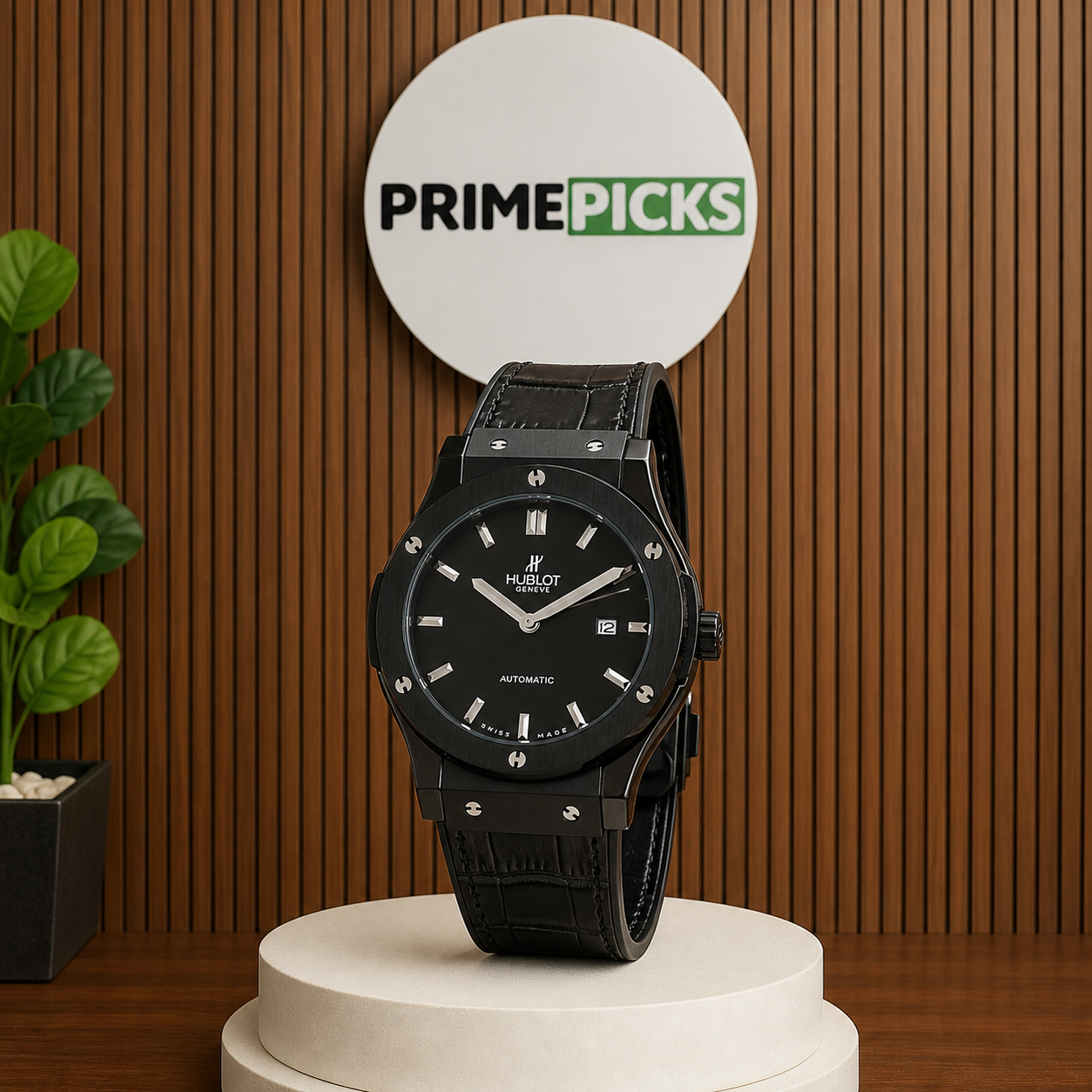 Hublot Classic Fusion 44mm black automatic watch with Primepicks logo board