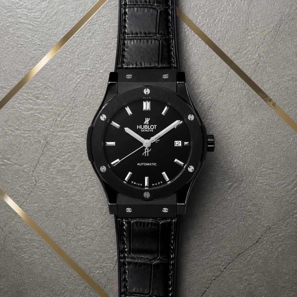 Hublot Classic Fusion black automatic watch on Primepicks grey office wall