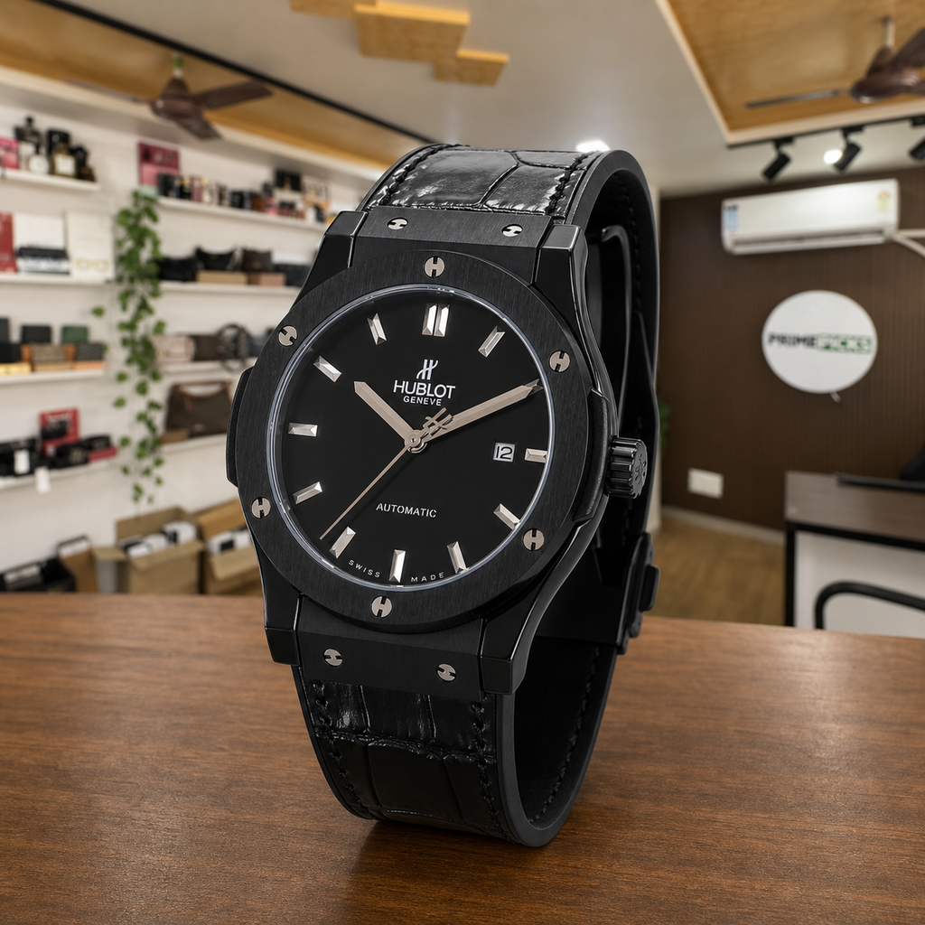 Hublot Classic Fusion black automatic watch angled office view