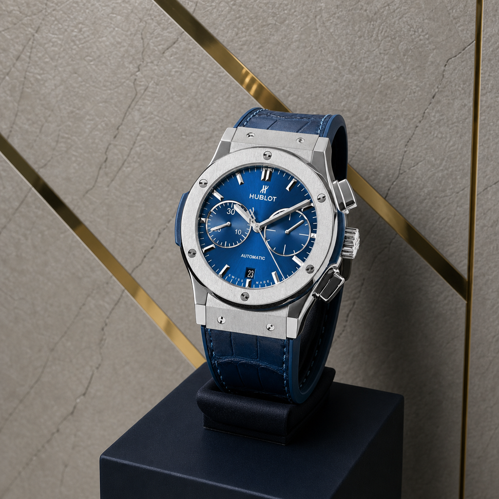 Hublot Classic Fusion blue chronograph watch angled view
