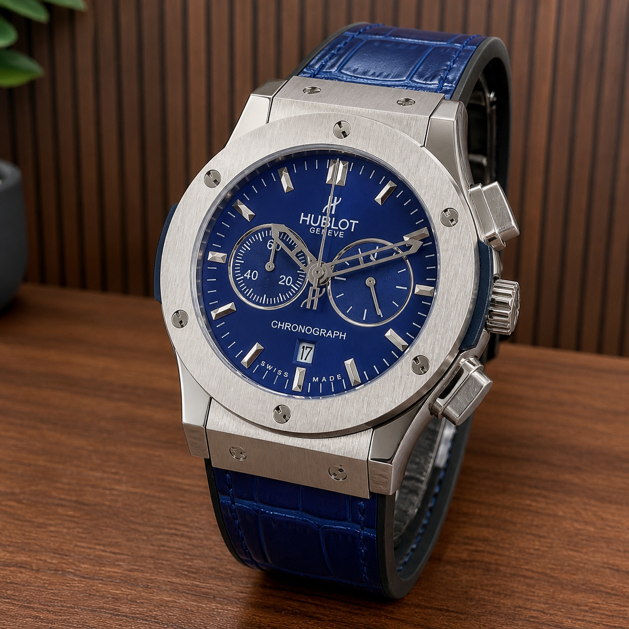 Hublot Classic Fusion blue chronograph dial detail