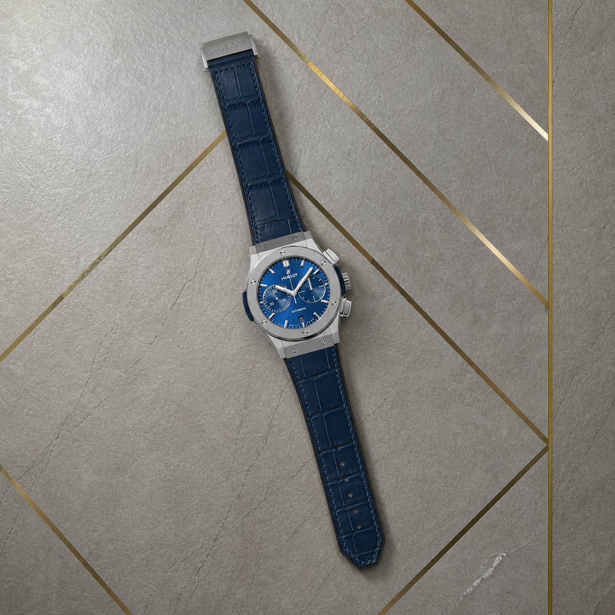 Hublot Classic Fusion blue chronograph watch full flat lay