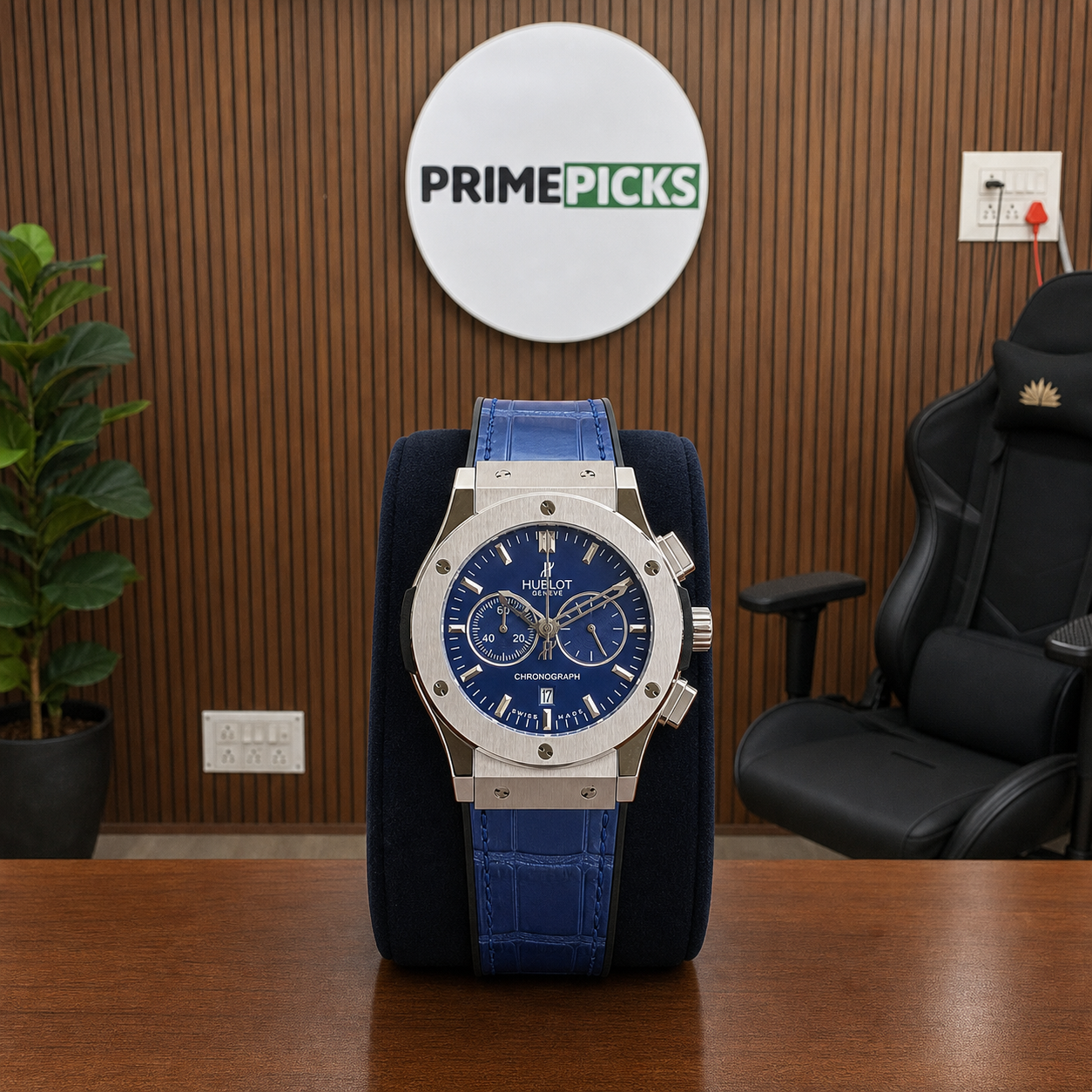 Hublot Classic Fusion blue chronograph watch in Primepicks office