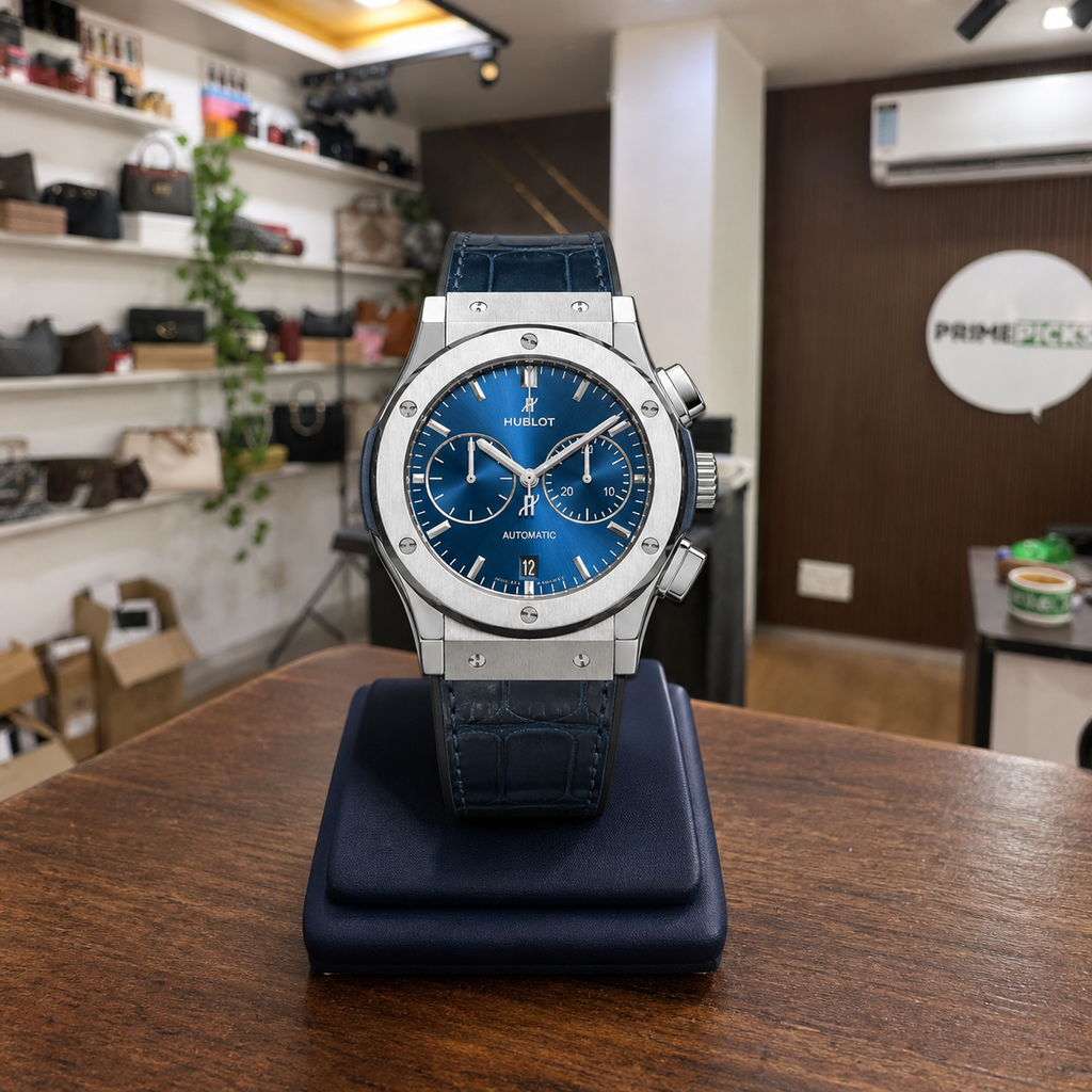Hublot Classic Fusion blue chronograph watch in Primepicks showroom