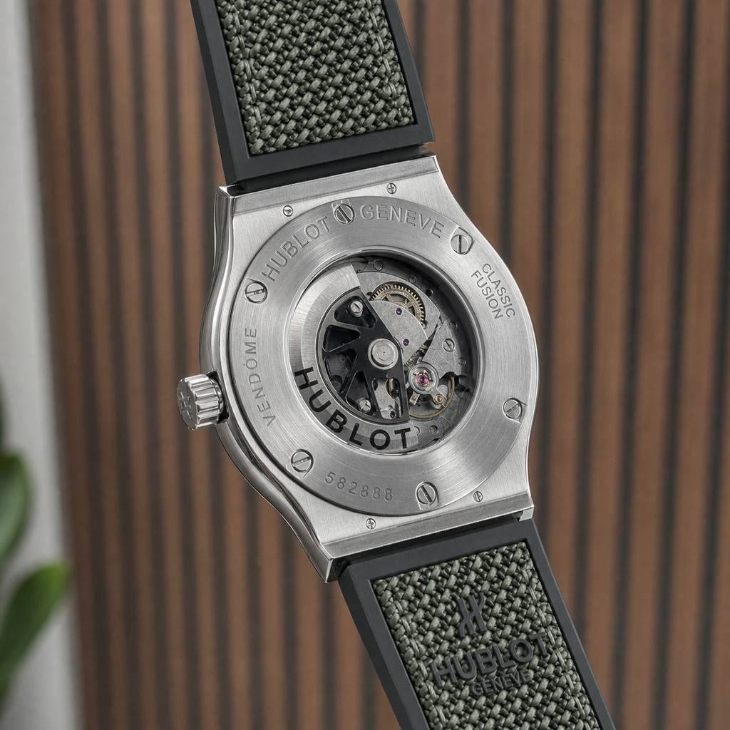 Hublot Classic Fusion automatic exhibition caseback and woven green strap detail
