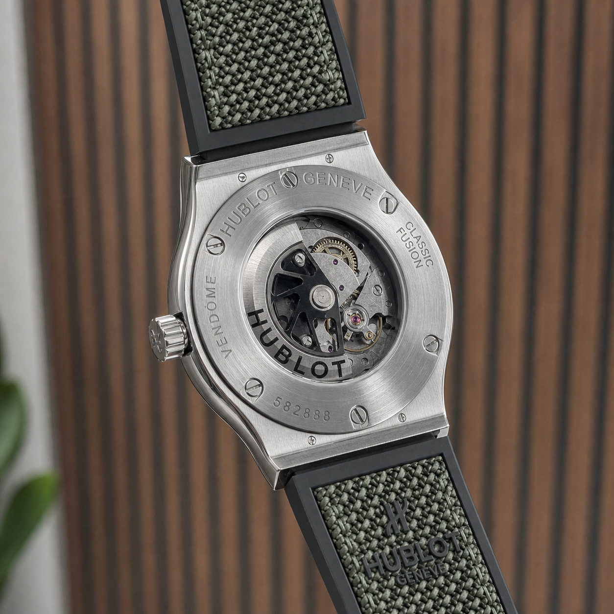 Hublot Classic Fusion automatic exhibition caseback and woven green strap detail
