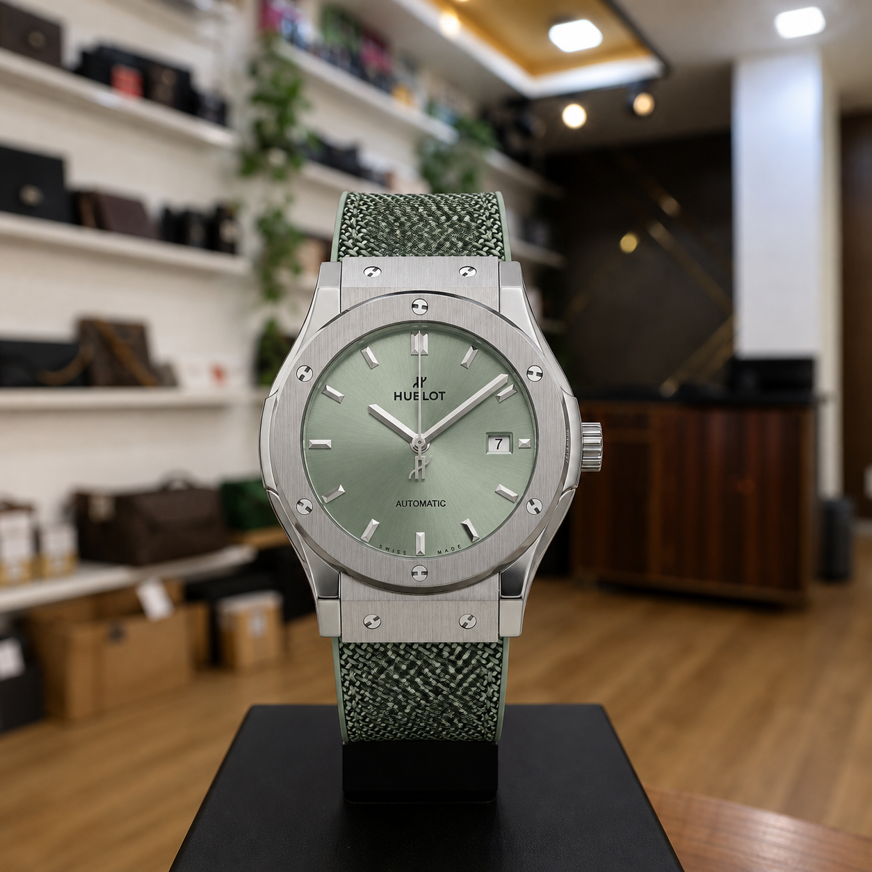 Hublot Classic Fusion sage green dial watch front view in PRIMEPICKS showroom