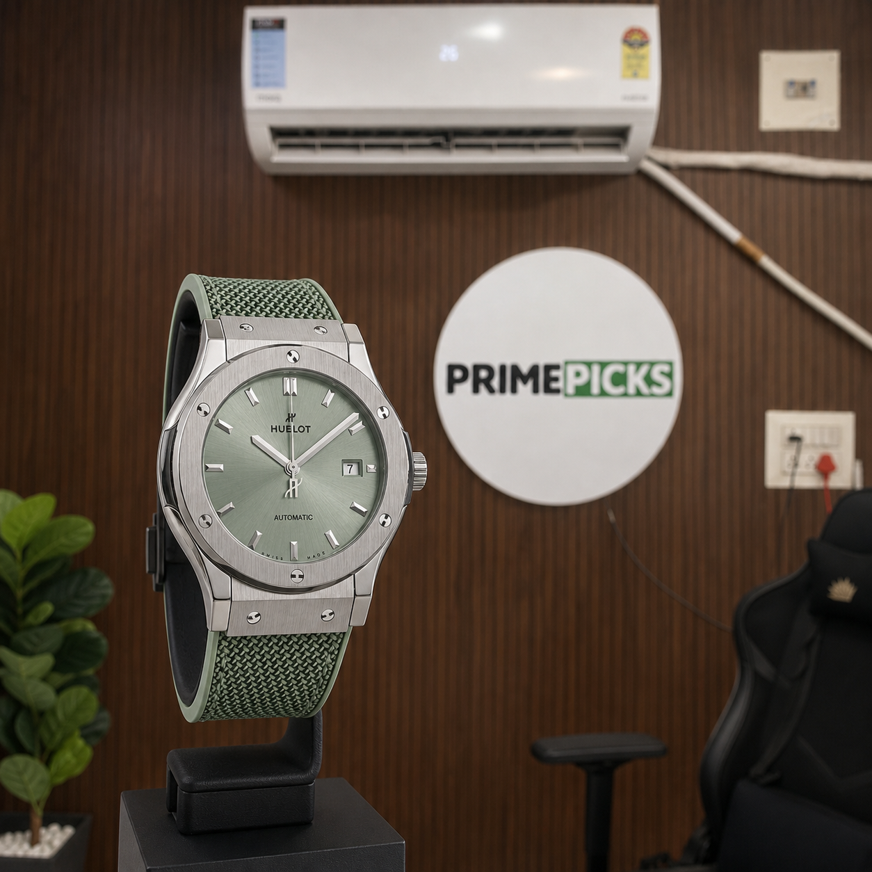 Hublot Classic Fusion sage green automatic watch with PRIMEPICKS office logo