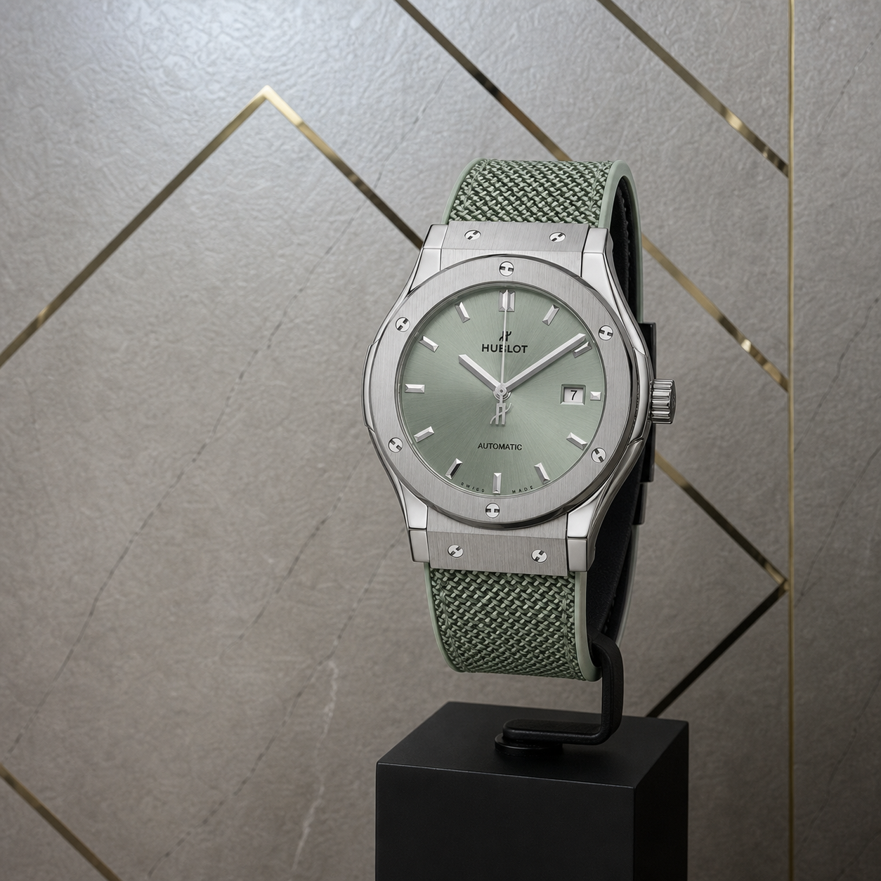 Hublot Classic Fusion sage green automatic watch three-quarter view