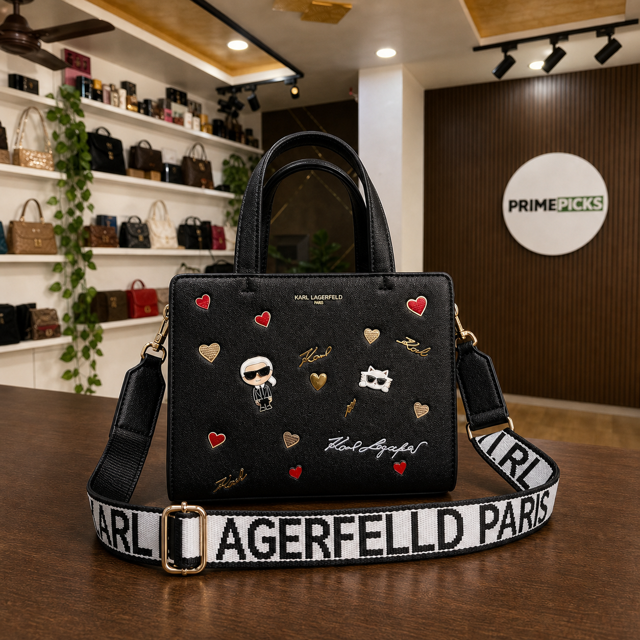 Karl Lagerfeld Paris Maybelle Satchel in the PrimePicks showroom