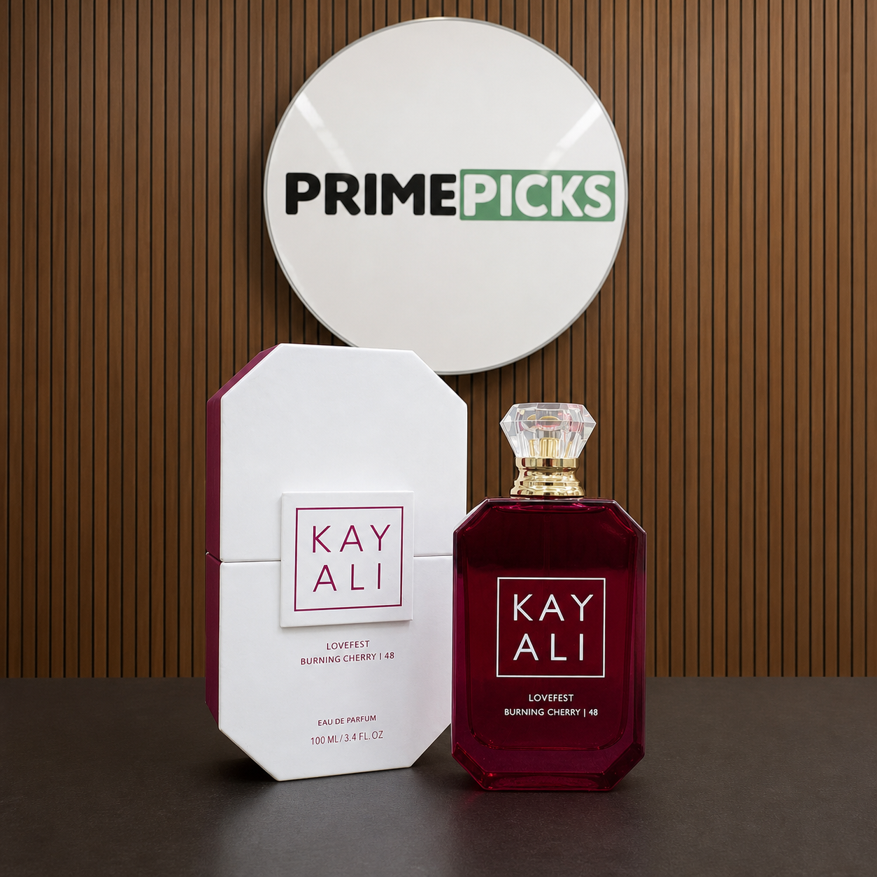 Kayali Lovefest Burning Cherry | 48 Eau de Parfum 100ml with box at PrimePicks sign wall