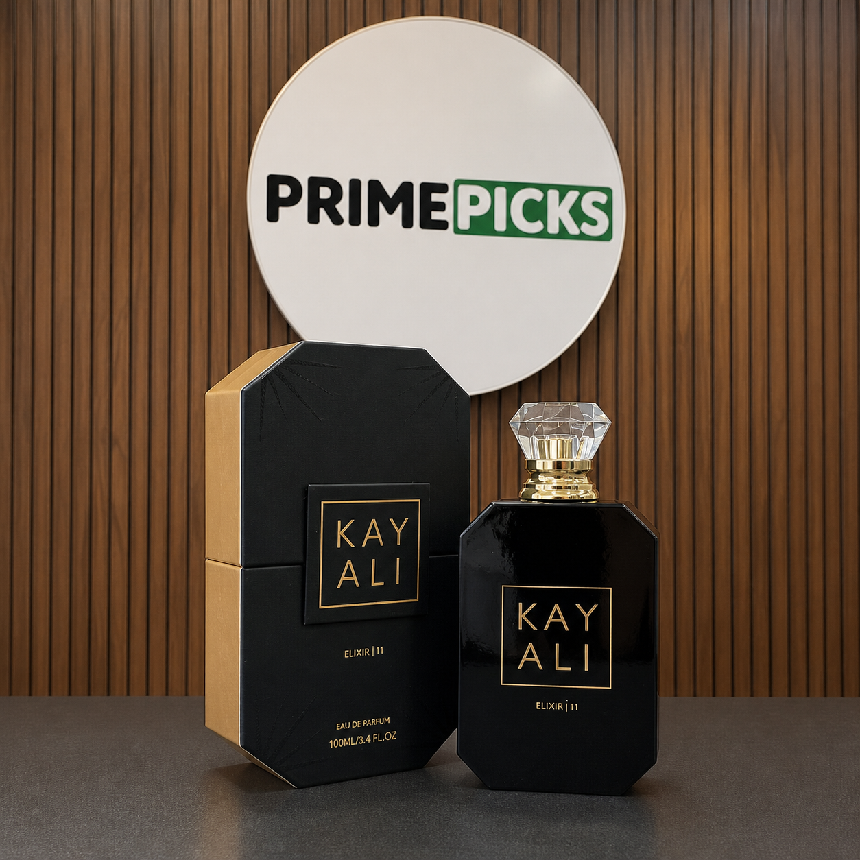 Kayali Elixir | 11 Eau de Parfum 100ml with box at PrimePicks sign wall