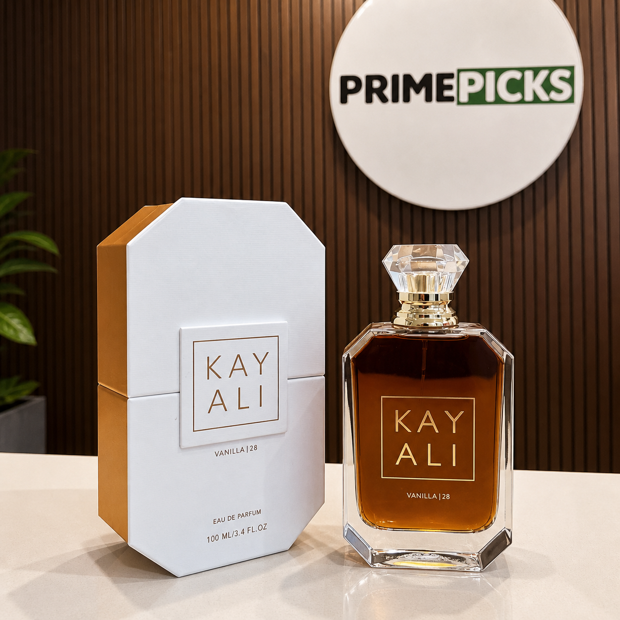 Kayali Vanilla | 28 Eau de Parfum 100ml in the PrimePicks office with the PrimePicks sign