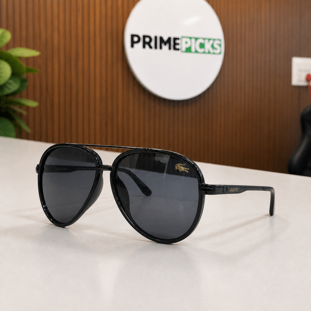 Lacoste black aviator-style sunglasses supported front angle