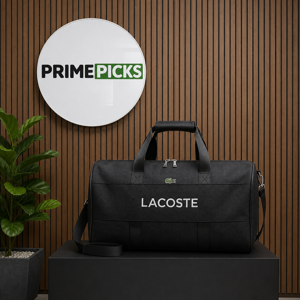 Lacoste black duffel travel bag with full PRIMEPICKS office logo board
