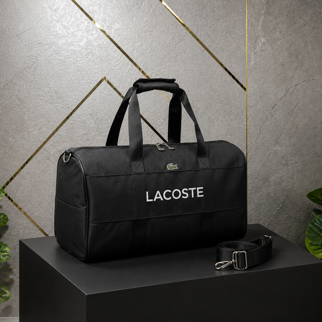 Lacoste black duffel bag with detachable shoulder strap in grey and gold office