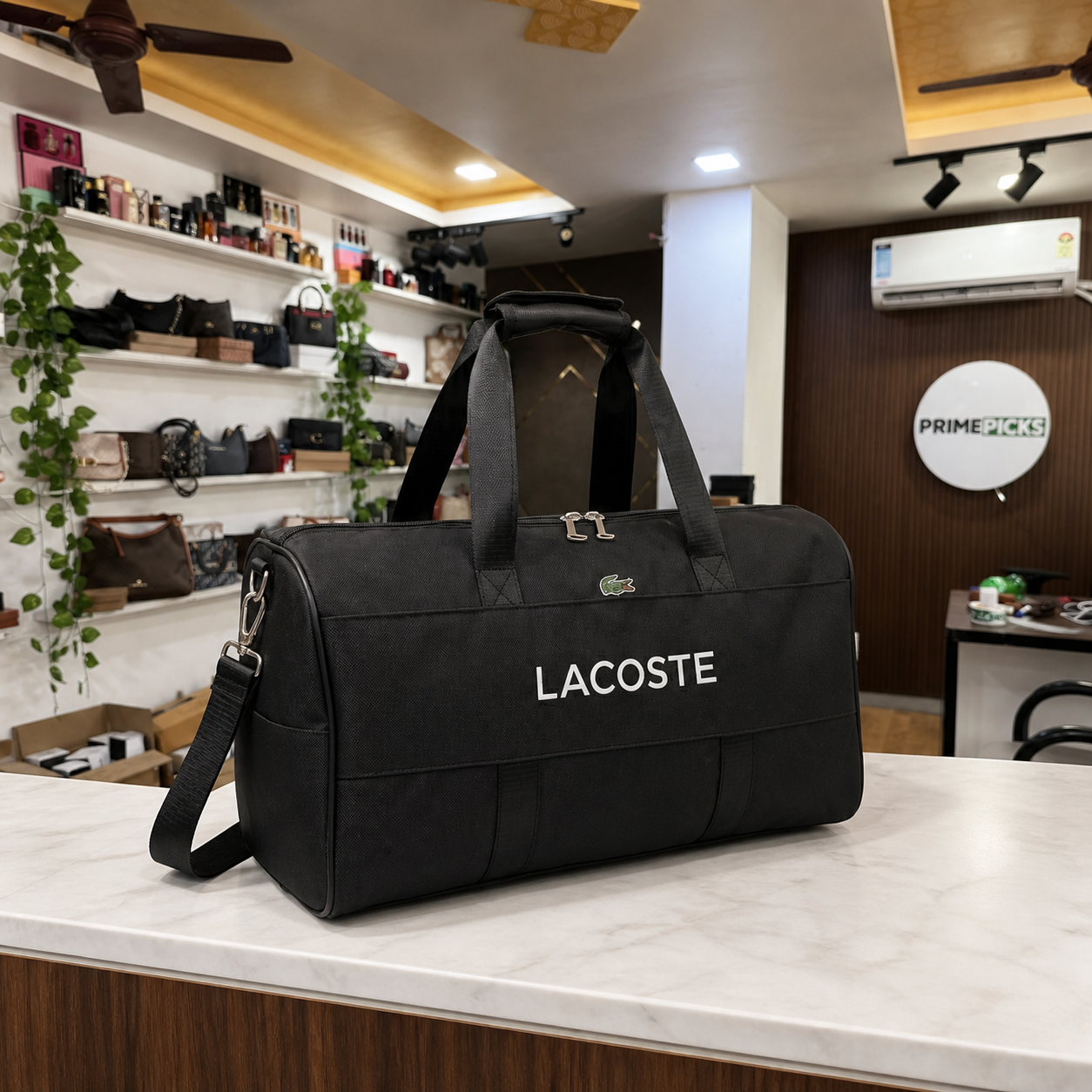 Lacoste black travel and gym duffel displayed in the PRIMEPICKS showroom