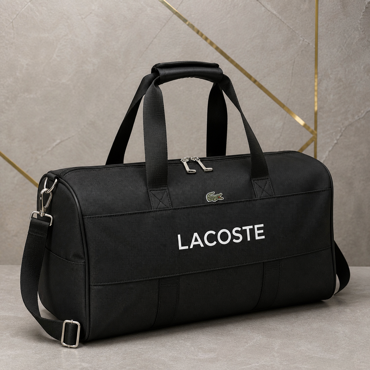 Lacoste black duffel bag logo, crocodile patch, handles and zipper details