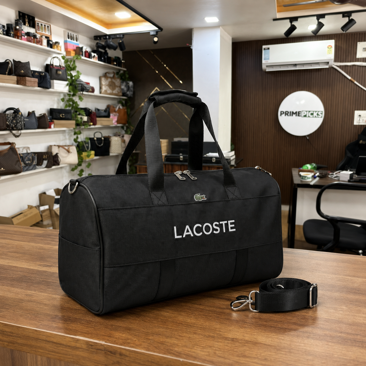 Lacoste black duffel and detachable strap styled in the PRIMEPICKS showroom