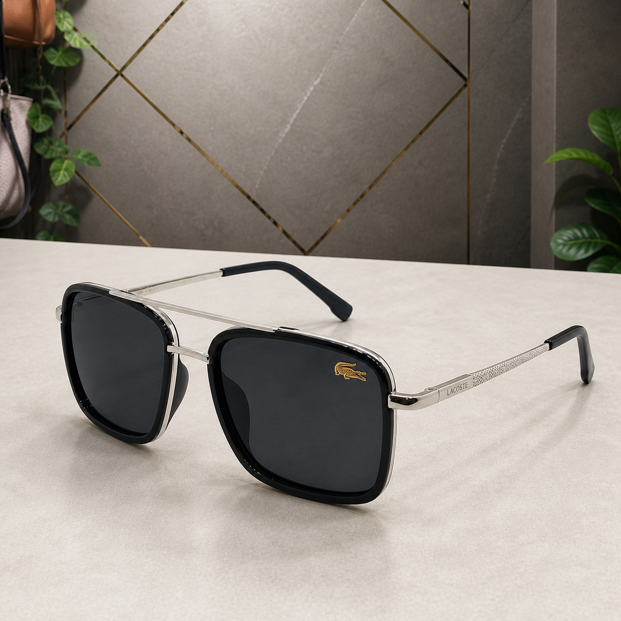Lacoste black and silver-tone square sunglasses alternate office angle
