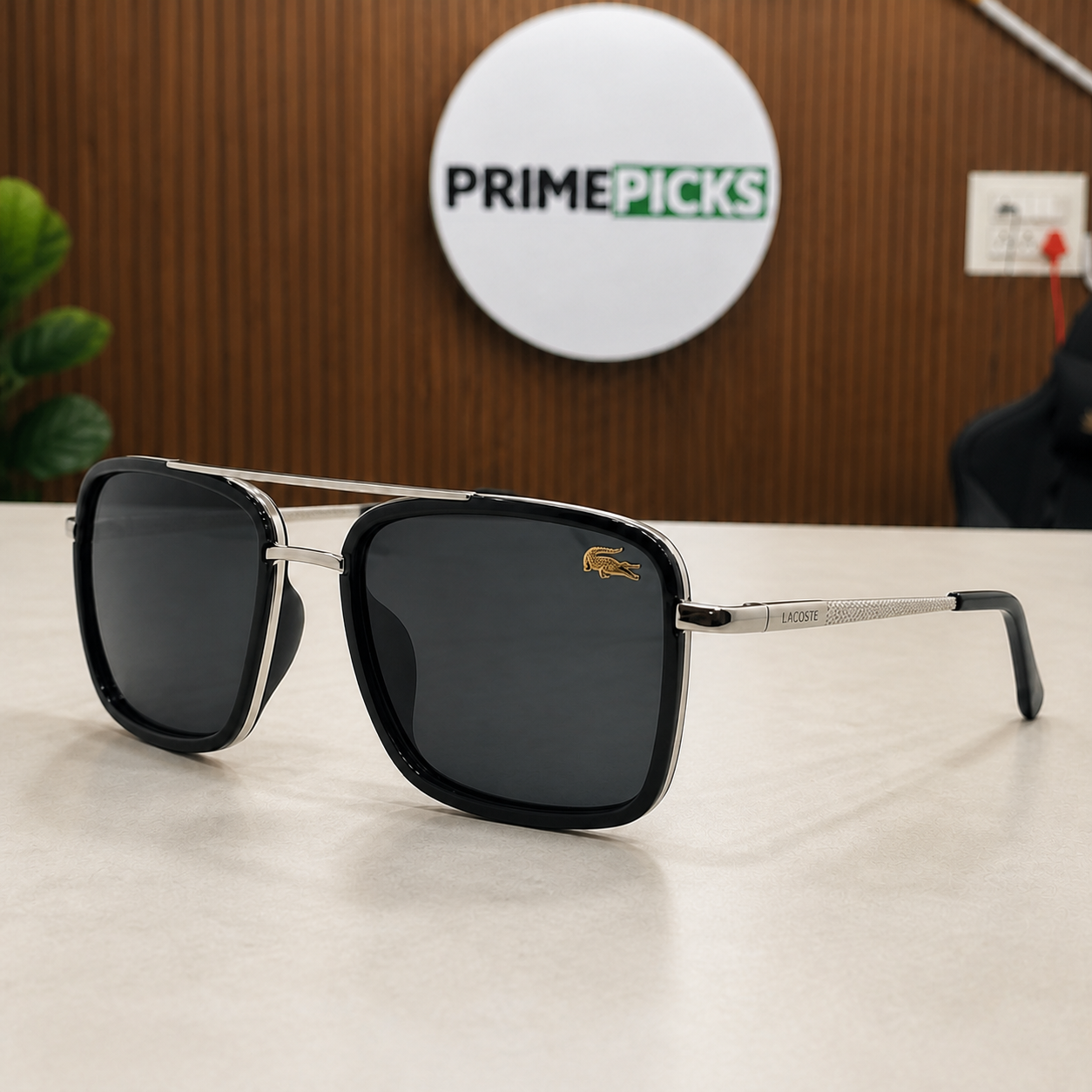Lacoste black square sunglasses supported front angle