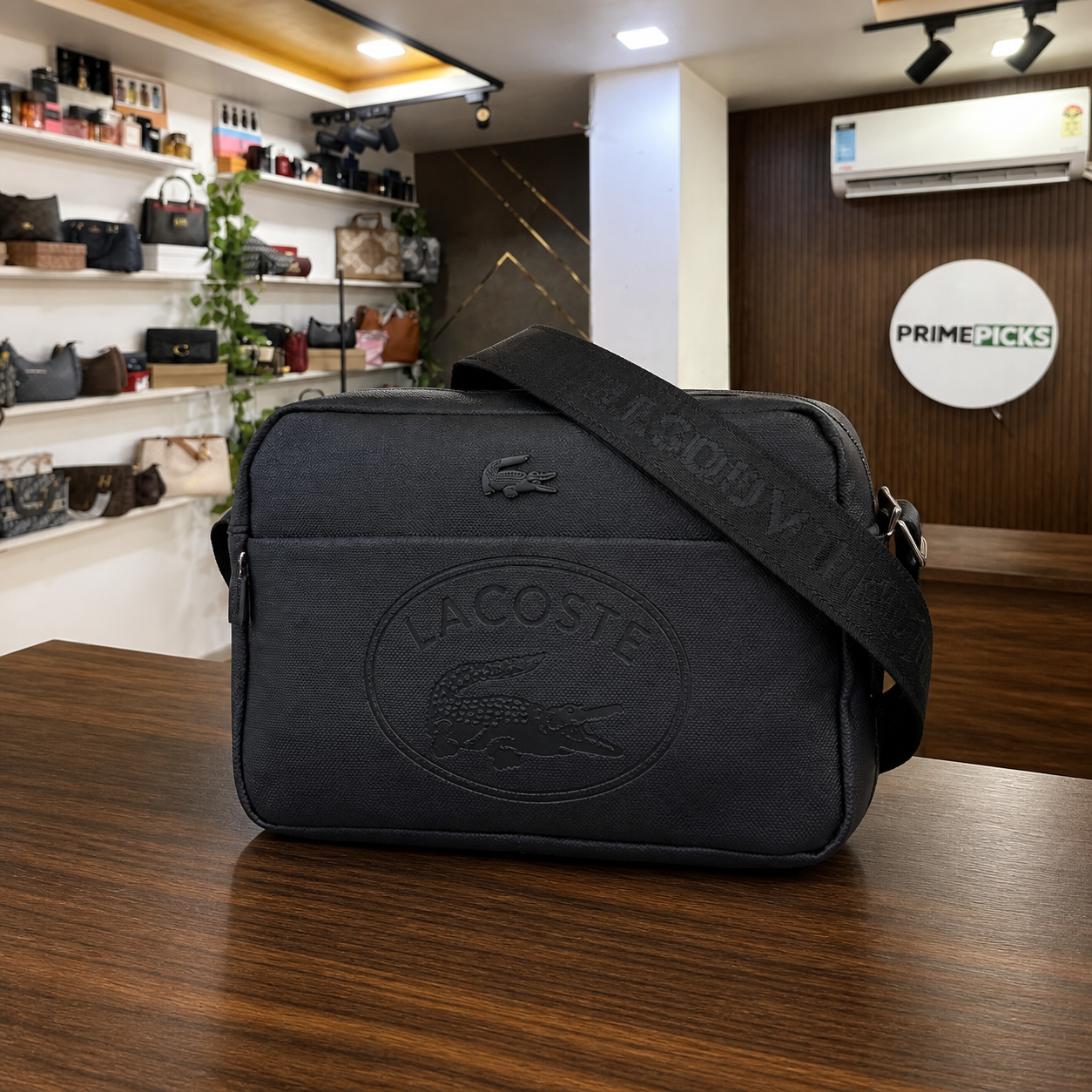 Lacoste Classic black satchel bag in the Primepicks office