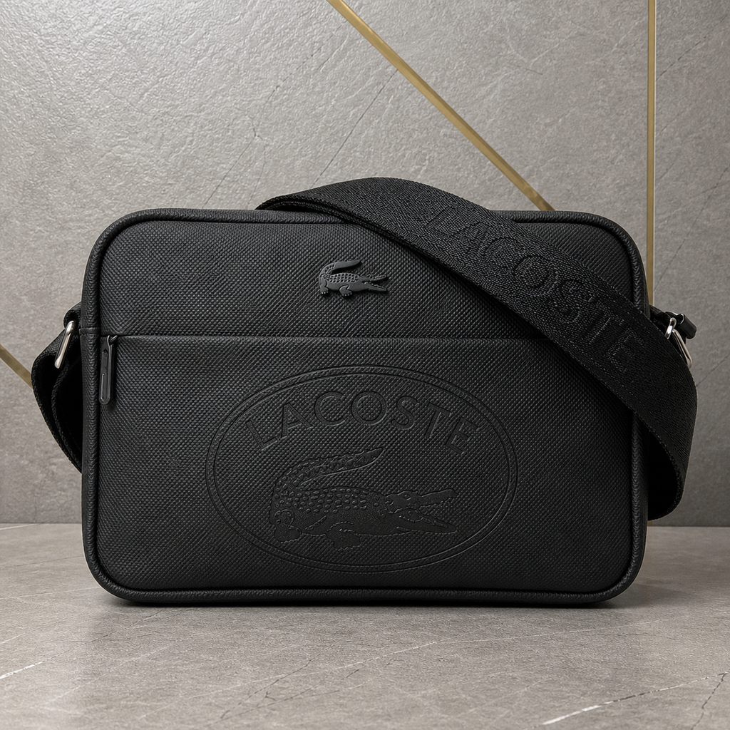 Lacoste Classic black satchel embossed logo close-up