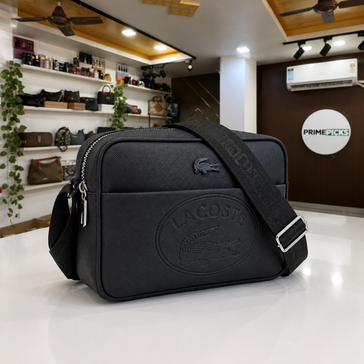 Lacoste Classic black crossbody bag three-quarter view