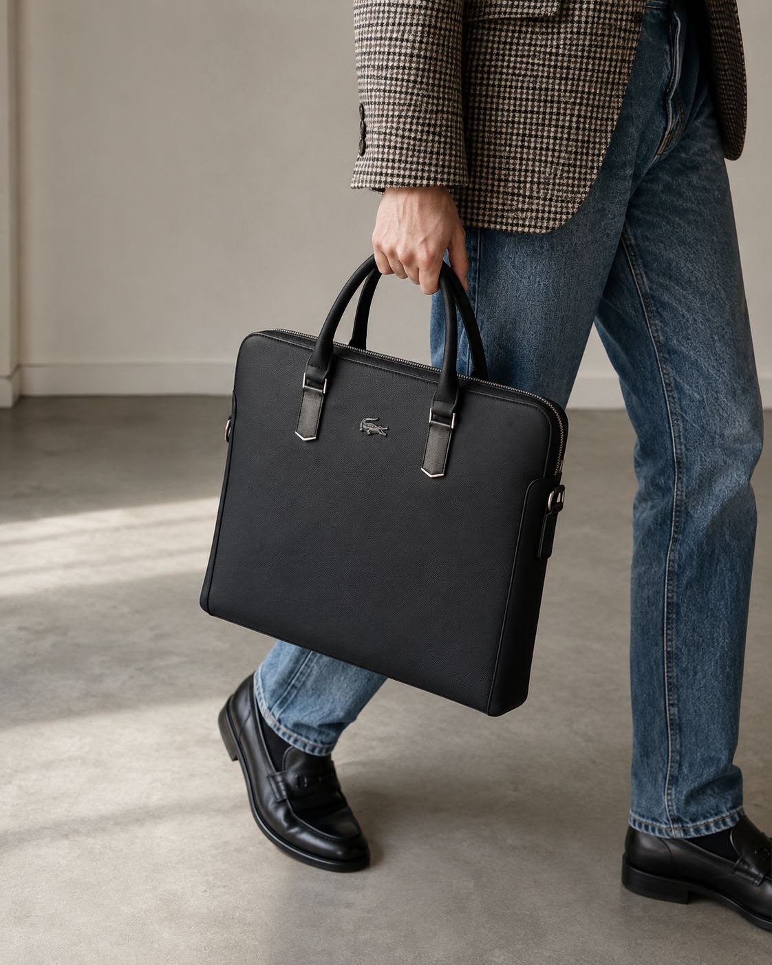 Black Lacoste laptop bag carried with smart casual attire