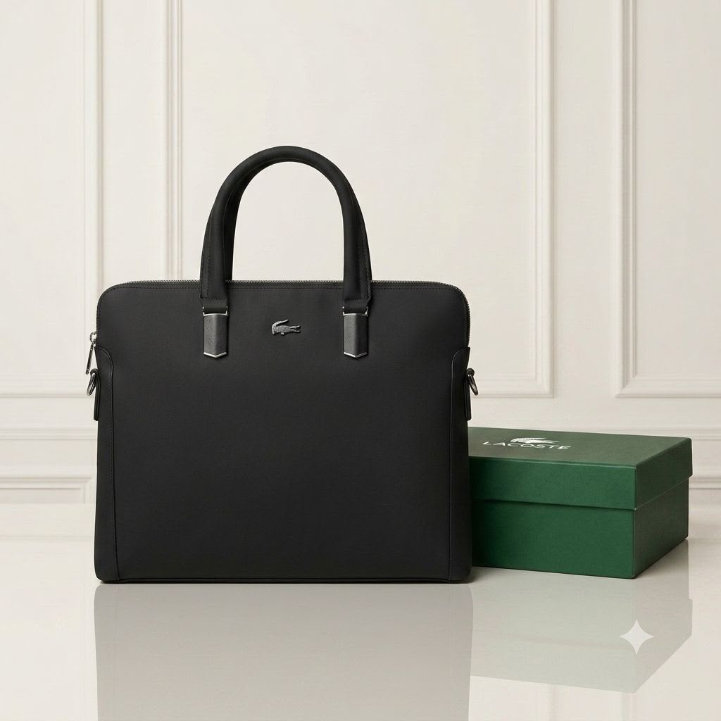 Black Lacoste laptop bag front view beside a Lacoste box
