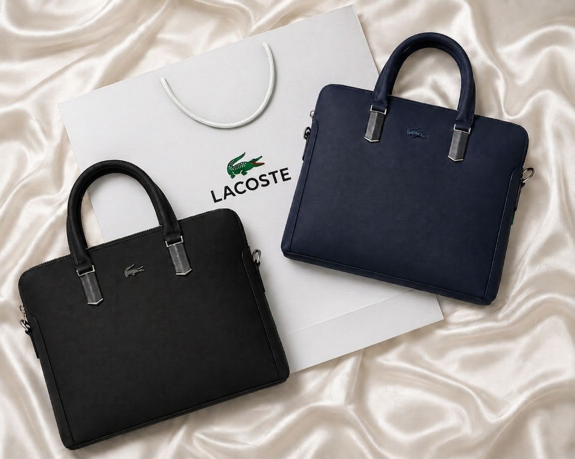 Black and Navy Blue Lacoste laptop bags displayed together