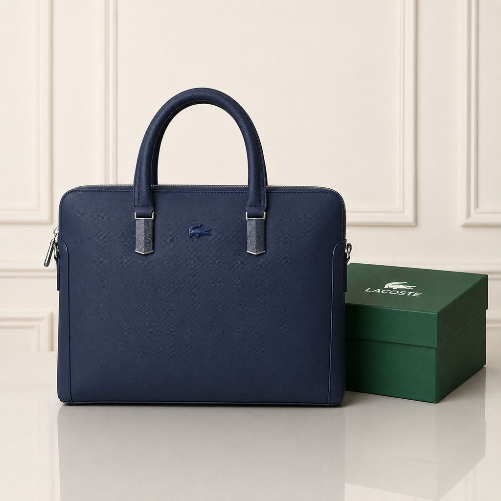 Navy Blue Lacoste laptop bag front view beside a Lacoste box