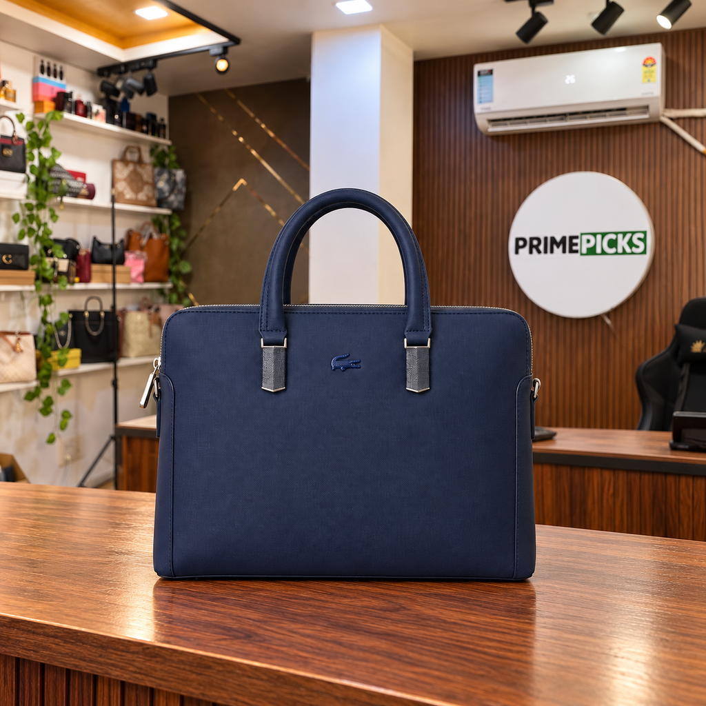 Lacoste structured laptop bag in Navy Blue in a PrimePicks office setting