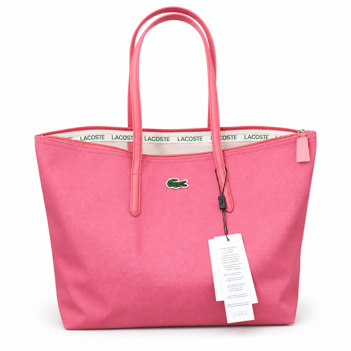 Lacoste large zip shopper tote bag in pink on a white background