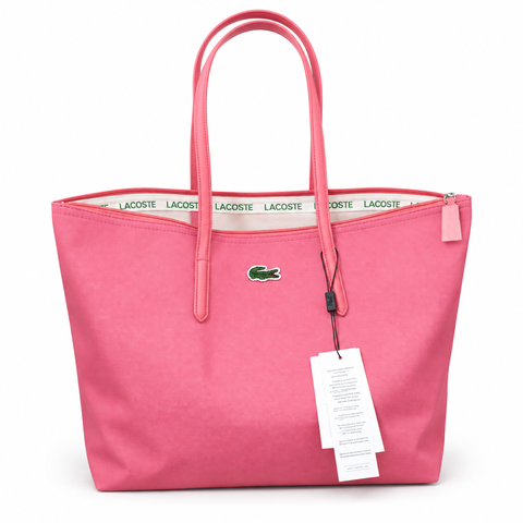 Lacoste large zip shopper tote bag in pink on a white background