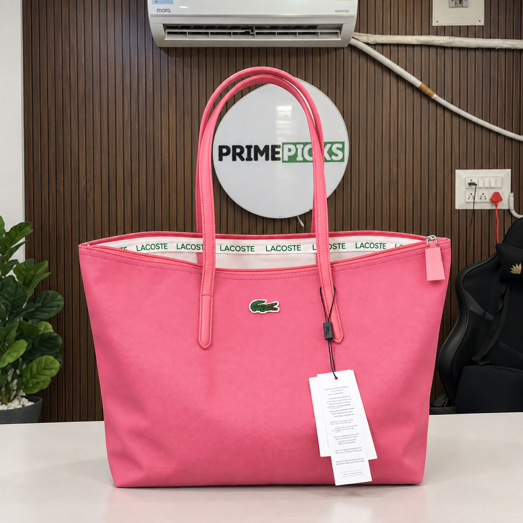 Lacoste large pink zip shopper tote in the PrimePicks office