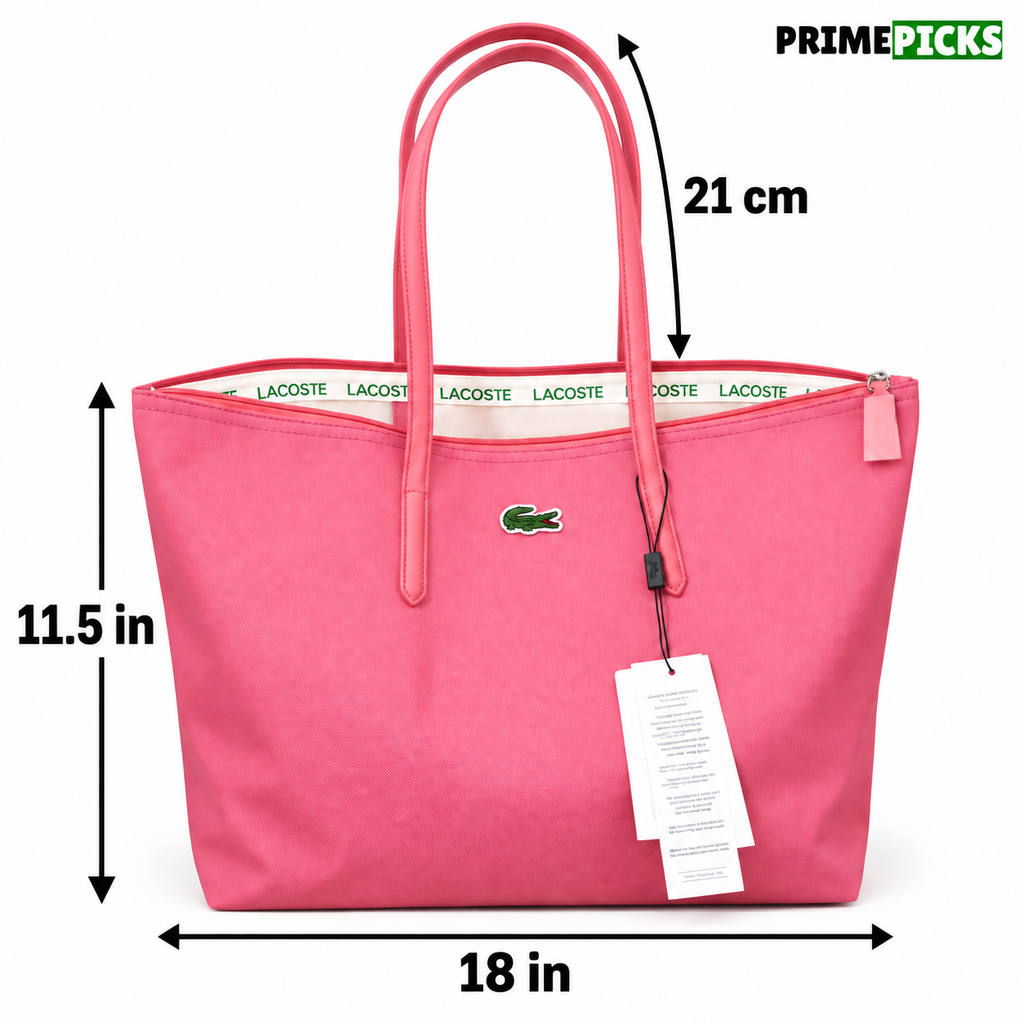 Lacoste pink shopper tote dimension guide showing 18 by 11.5 inches and 21 cm handles
