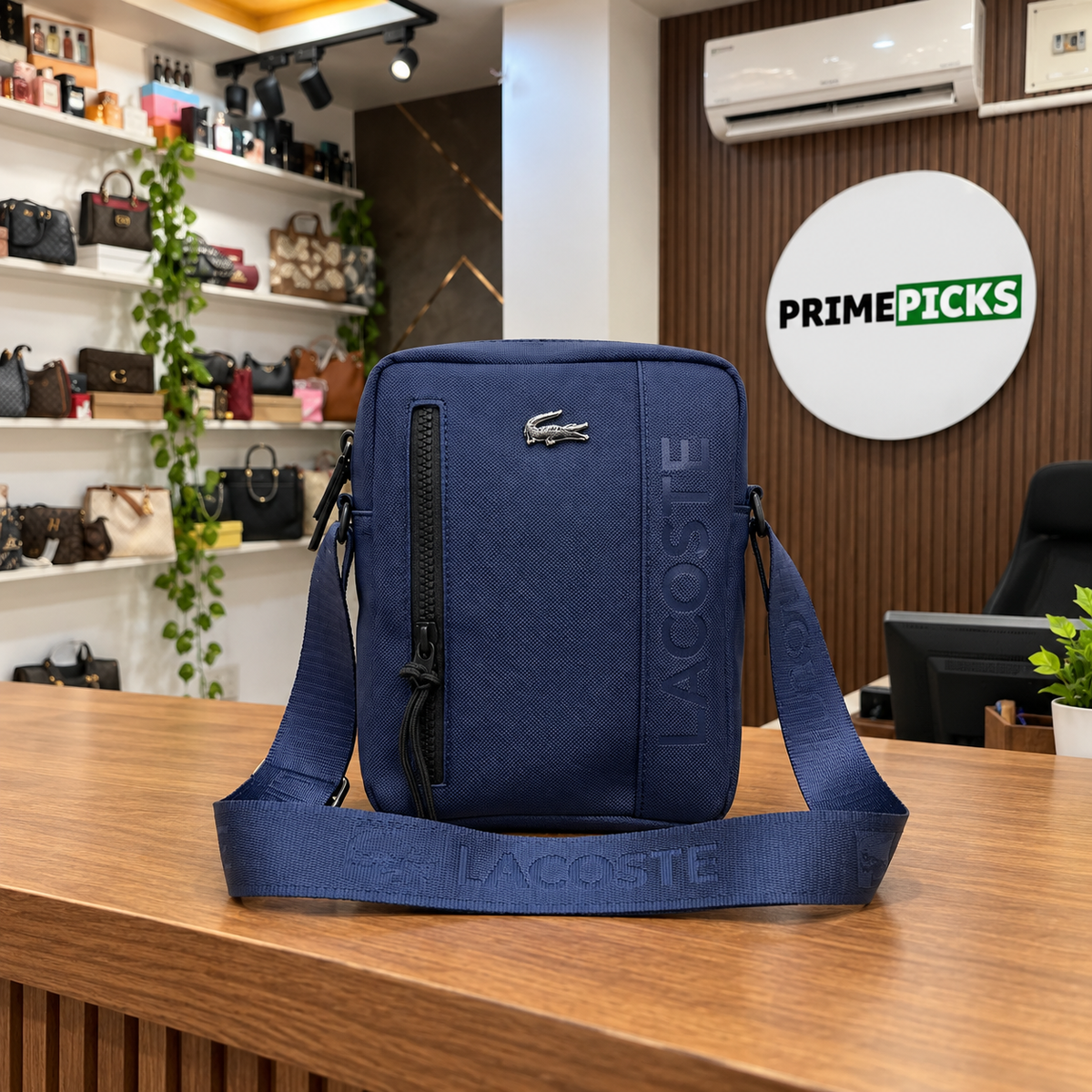 Lacoste On The Go small messenger bag in Navy at the PrimePicks office