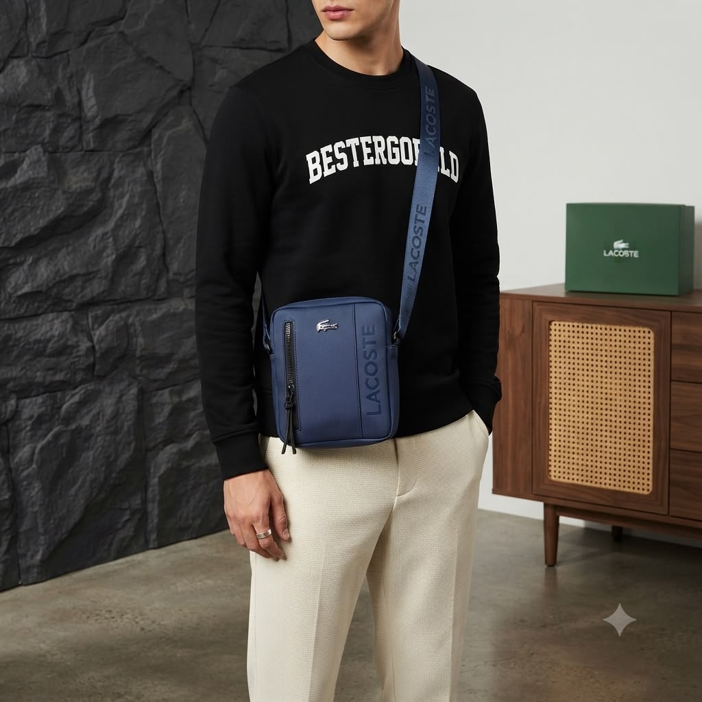 Navy Lacoste On The Go small messenger bag worn crossbody