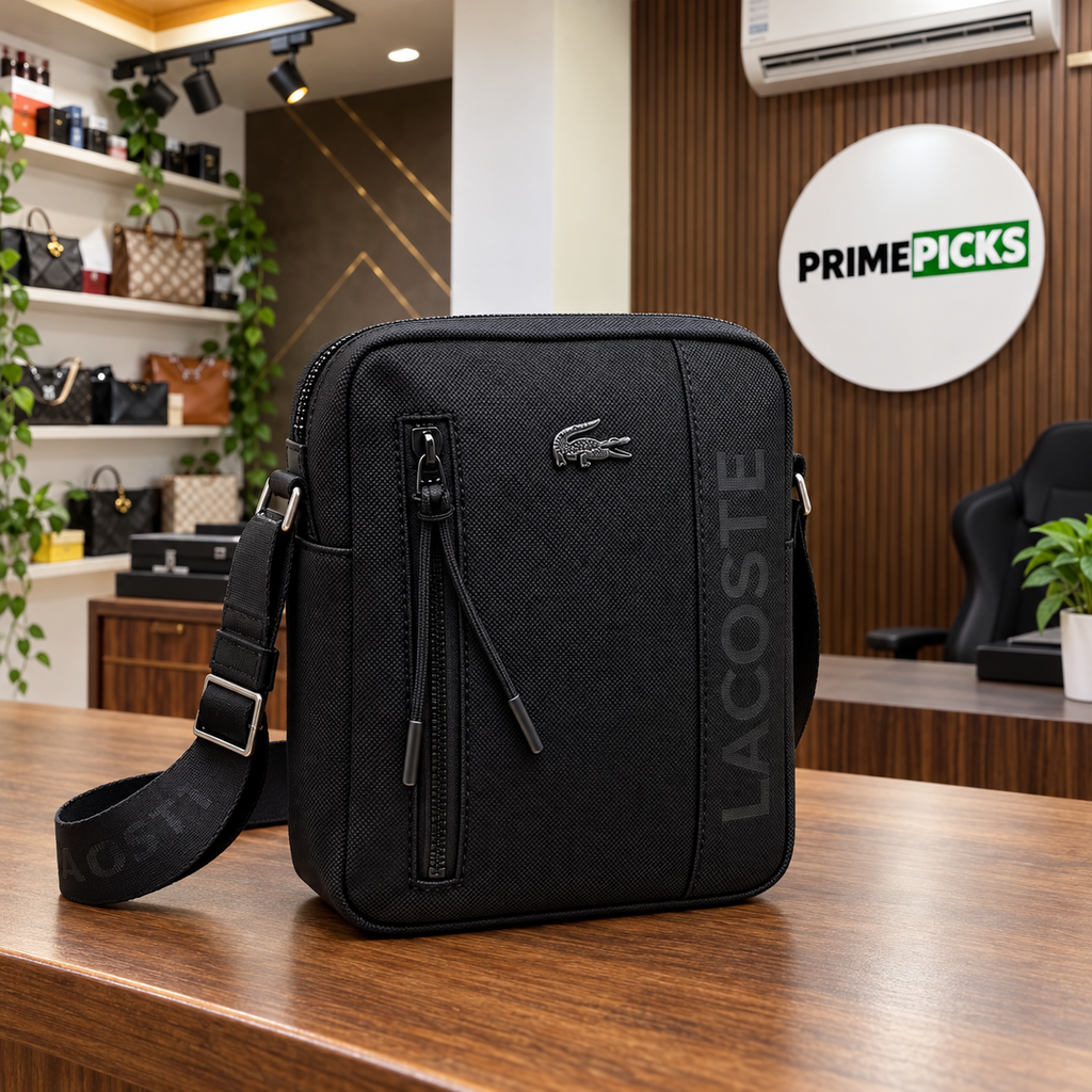 Lacoste On The Go small messenger bag in Black at the PrimePicks office