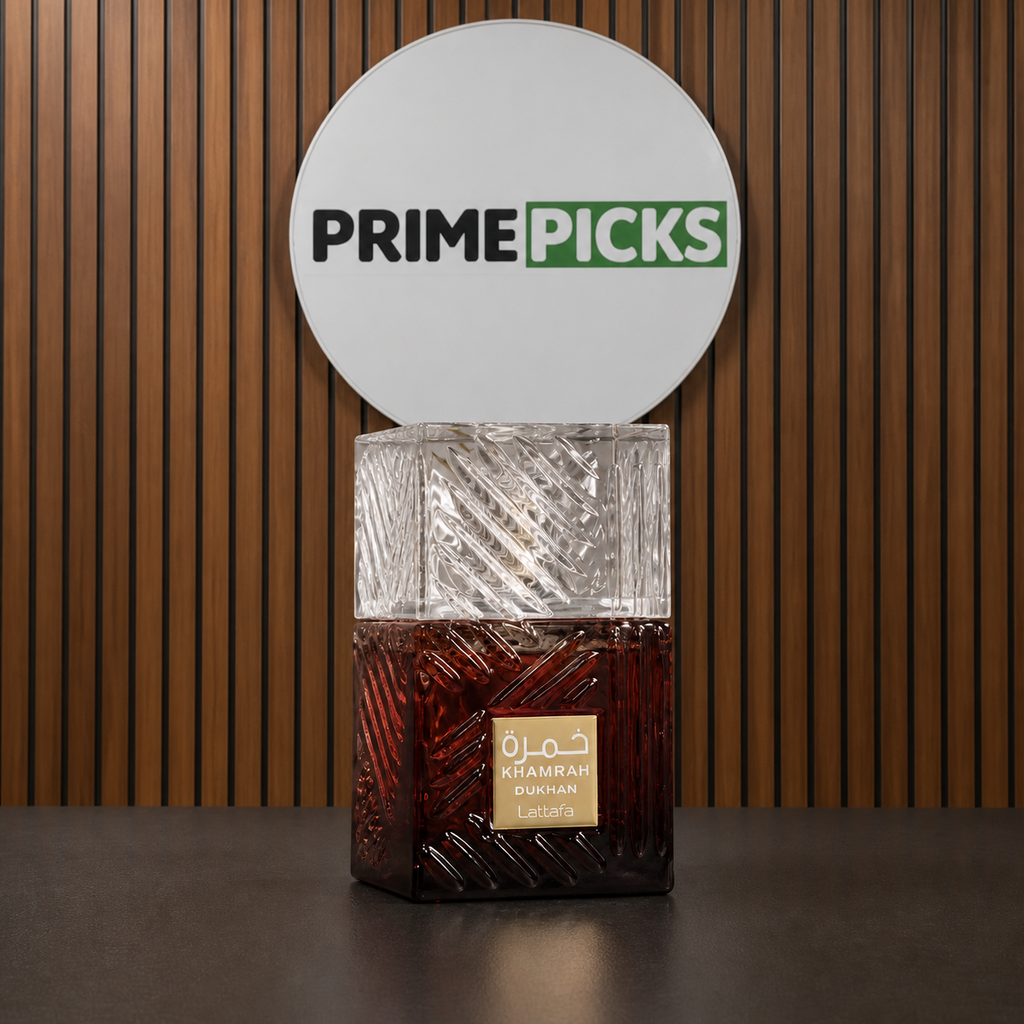 Lattafa Khamrah Dukhan 30ml bottle at the PrimePicks office sign