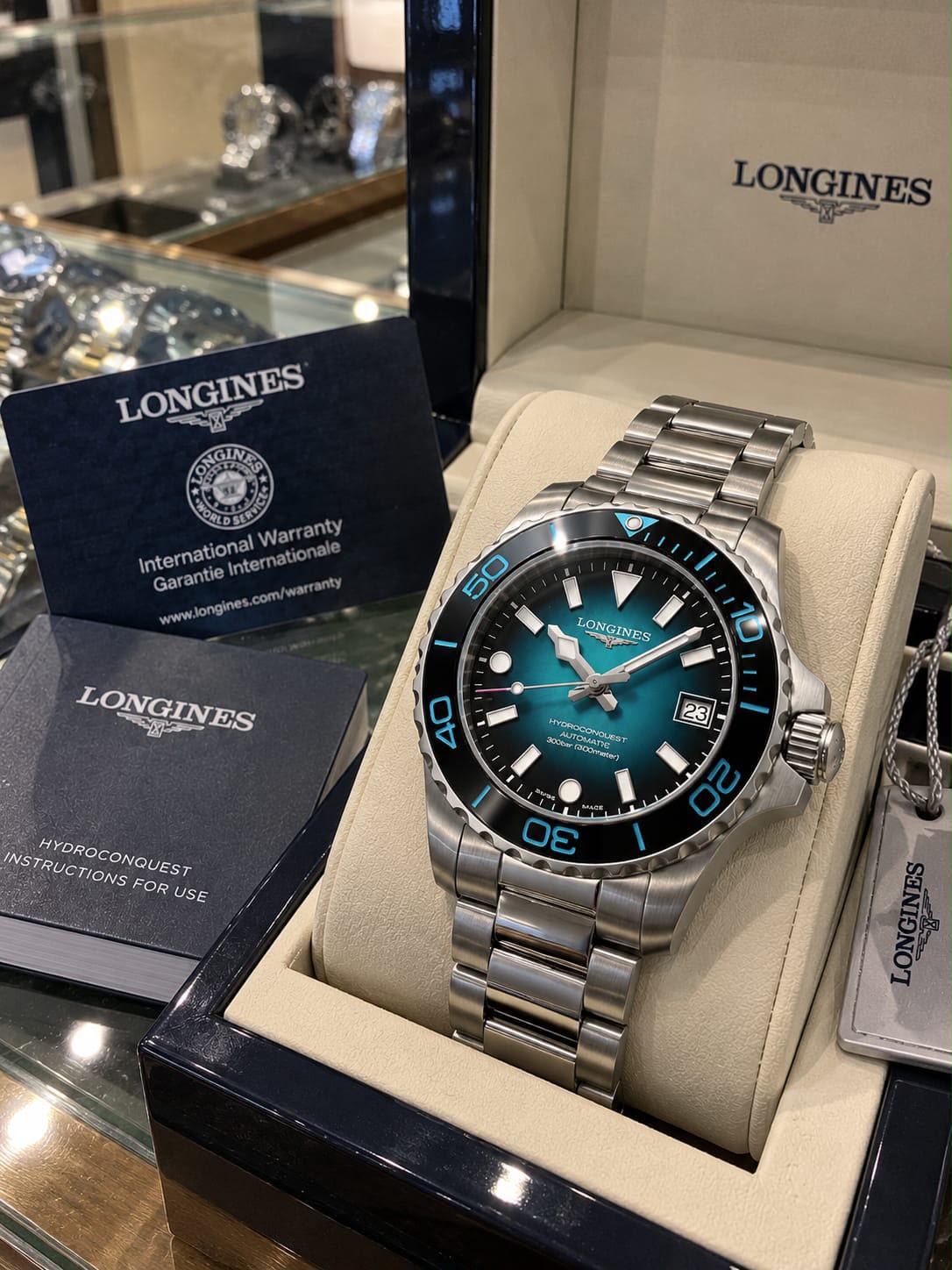 Longines HydroConquest watch displayed with presentation box