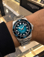 Longines HydroConquest turquoise gradient dial watch on wrist