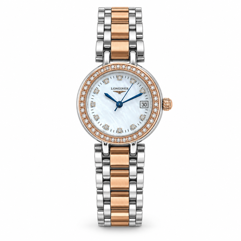 Longines PrimaLuna women’s two-tone watch on white background