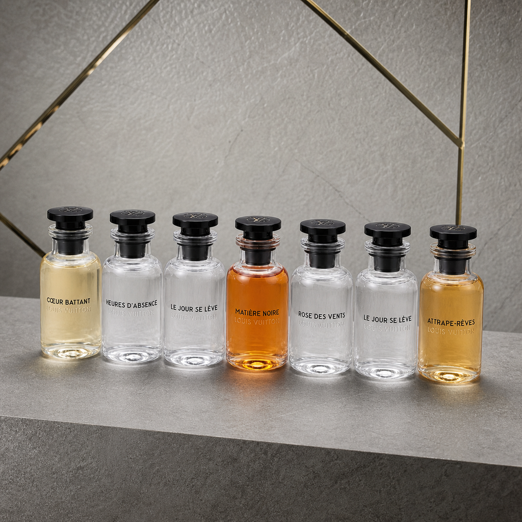 Louis Vuitton seven-piece 30ml perfume gift set against the PrimePicks stone wall